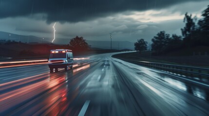 An ambulance races through a stormy road, lightning striking in the background, highlighting the urgency and life-saving mission amidst turbulent weather.