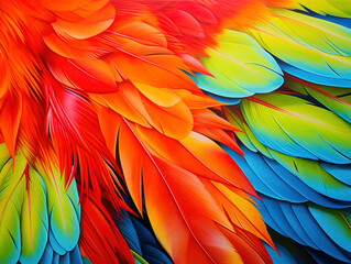 Fototapeta premium close up of Scarlet macaw bird's feather, Midsection of scarlet macaw