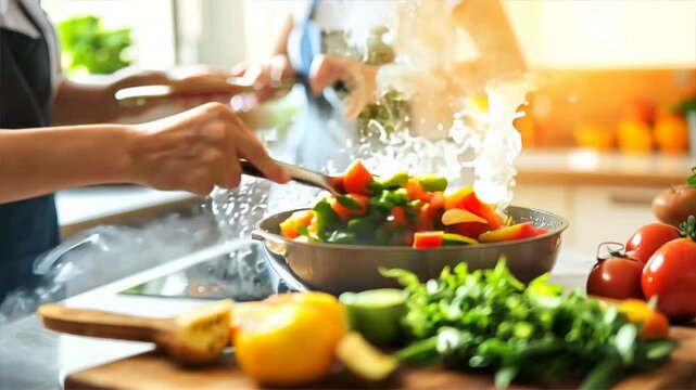 Hands of people cooking a healthy vegetable stir fry in a kitchen, showcasing fresh ingredients and vibrant colors under natural light.