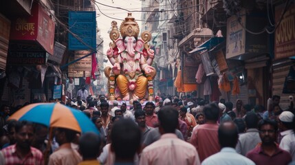A vibrant crowd gathers on a narrow street to celebrate a festival with a large, colorful Ganesha idol, embodying tradition and devotion.