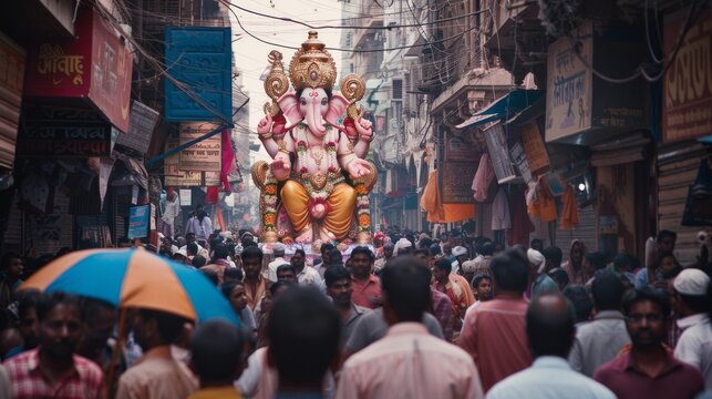 A vibrant crowd gathers on a narrow street to celebrate a festival with a large, colorful Ganesha idol, embodying tradition and devotion.