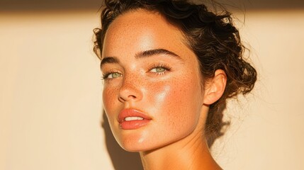 Closeup portrait of a young woman with freckles and green eyes