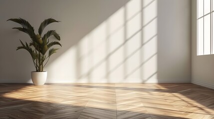 Minimalist space with wooden parquet flooring and leaf shadows   --style rawAI generated illustration