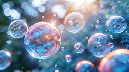 Colorful blue Soap Bubbles Floating against a blue Background with Bokeh Effect, flying bubbles. Design children entertainment, party invitations