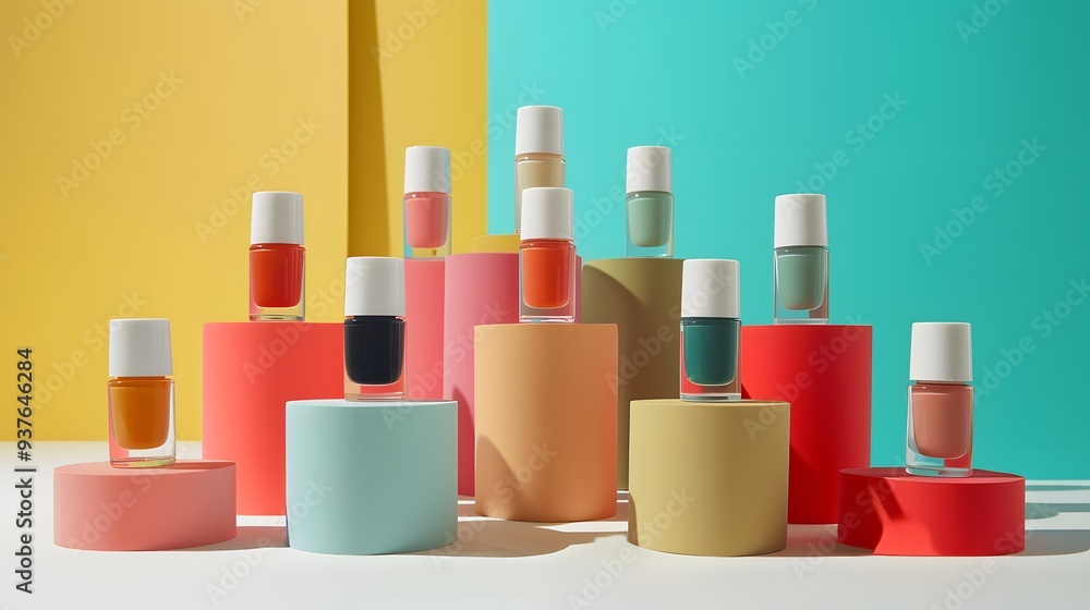 Poster minimalist visual interpretation of an array of nail polish bottles ai generated illustration