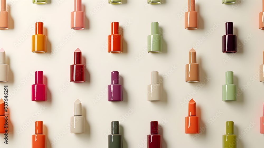 Poster minimalist visual interpretation of an array of nail polish bottles --style rawai generated illustra