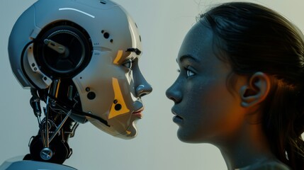 Fototapeta premium Futuristic human and robot face-to-face, highlighting the convergence of technology and humanity.