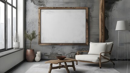 Minimalistic cinema poster housed inside a rustic wooden frame in a modern room  AI generated illustration