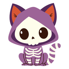 Flat vector illustration in children's style on white background. Cute kitten in skeleton costume. Funny illustration for Halloween . Vector illustration
