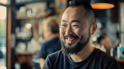 Obraz premium A smiling man with a neatly trimmed goatee enjoys a jovial conversation in a warmly lit cafe, surrounded by friends and a cozy atmosphere.