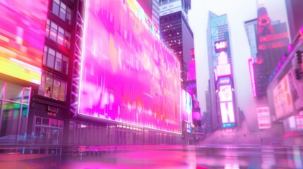 Vibrant Urban Dawn, a bustling Times Square scene featuring a large digital billboard, smooth glass facades, and an energetic RGB spectrum illuminated by LED lights.