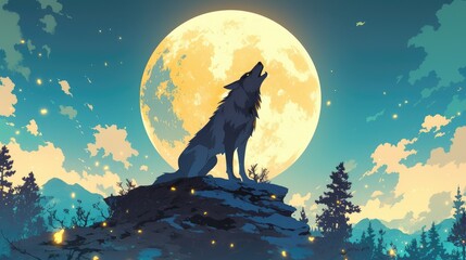 Fototapeta premium A lone wolf howls at the moon, silhouetted against a bright full moon, surrounded by glowing lights in the night sky and a mountain range in the distance.