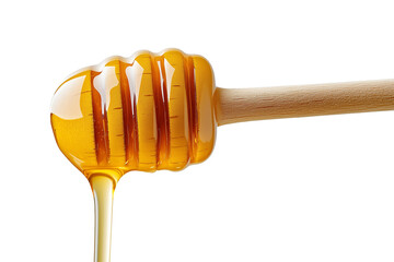 A wooden honey dipper drips with golden honey against a transparent background, showcasing the sticky, rich texture of the honey as it glistens.