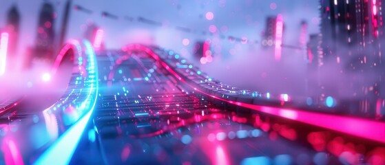 Obraz premium Radiant Bridge in a Futuristic City, a stunning view of a glowing structure arching over sleek skyscrapers, vibrant lights reflecting off glass surfaces, a vision of innovation and connectivity.