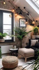 Urban Oasis: Tranquil sunlight bathes a modern loft apartment adorned with lush greenery and bohemian accents.   
