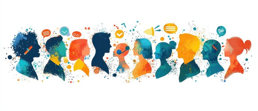 Diverse Silhouettes with Colorful Speech Bubbles and Icons