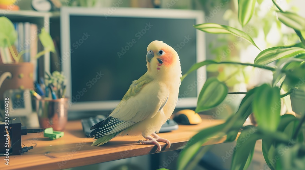 Poster minimalistic interpretation of a parakeet exploring an oversized desktop setup ai generated illustra