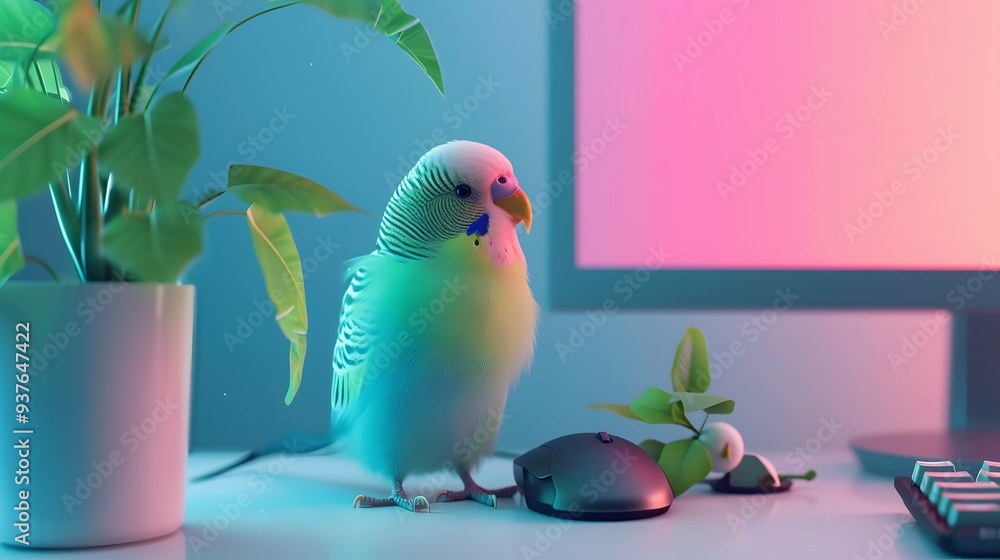Poster minimalistic interpretation of a parakeet exploring an oversized desktop setup --style rawai generat