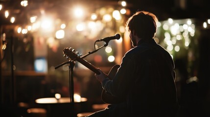 Naklejka premium A Solo Musician Playing Guitar in a Dark Bar with Lights