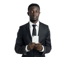 A young businessman from Sub-Saharan Africa, in a modern setting, holding a smartphone, symbolizing the promise and potential of African entrepreneurs.