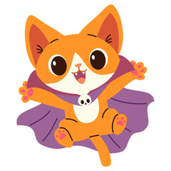 Flat vector illustration in children's style on white background. Cute kitten in Dracula costume. Funny illustration for Halloween . Vector illustration