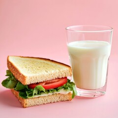 A Simple Sandwich and a Glass of Milk on a Pink Background