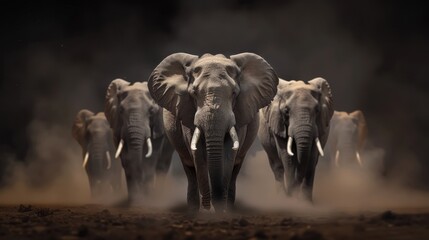 Obraz premium Majestic African Elephants in a Darkened Landscape, a stunning digital artwork showcasing the grandeur and beauty of these gentle giants amidst a captivating backdrop.
