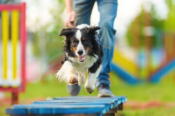 A border collie dog jumping over a blue obstacle course with its owner in the background.
