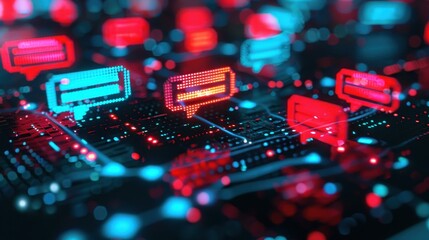 Illuminated Chat Icons in Pixelated Red and Blue, abstract digital artwork showcasing vibrant communication symbols against a dark backdrop, reflecting modern technology themes.