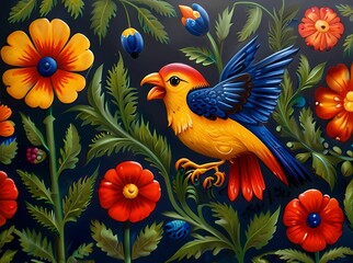 Obraz premium Seamless cartoon pattern of birds and flowers in bright colors for children. 