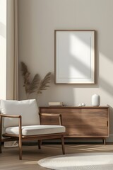 Minimalistic movie poster within a wooden frame as a focal point in a modern room setting  AI generated illustration