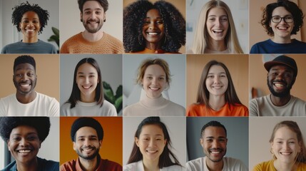 A cheerful group of sixteen diverse individuals showcasing vibrant smiles in a grid format, radiating unity and positivity.