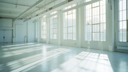 Fototapeta premium Sunlight floods an expansive, empty industrial space with high windows, creating a bright and open environment ideal for various possibilities.