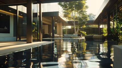 Fototapeta premium A luxurious indoor pool with reflections dancing on the water, surrounded by contemporary architecture and lush greenery.