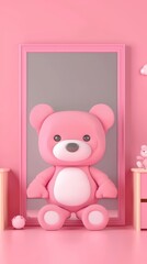 Pink Paradise: A cheerful pink teddy bear takes center stage in a delightful 3D render, exuding innocence and charm in a pastel pink nursery. 