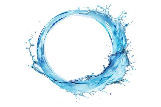 Dynamic splash of water in a circular shape, symbolizing freshness, isolated on a white backdrop