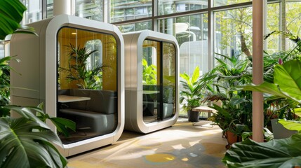 Modern office pod setups surrounded by indoor plants, creating a green, inspiring workspace bathed in natural light.