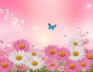 Pink daisies and butterflies fluttering in a colorful spring garden, romantic banner