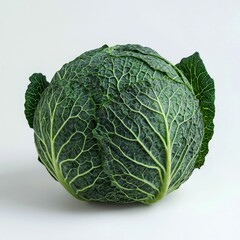 Fototapeta premium A Whole Green Savoy Cabbage Isolated on White Background