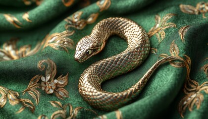 Fototapeta premium Green Snake on Floral Fabric - Nature Meets Elegance