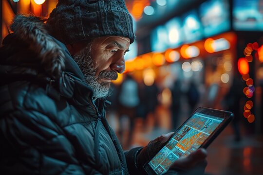 Pilot Reviewing Flight Plan on Tablet The pilot using a tablet device to review the flight plan before departure