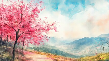 Fototapeta premium Painting watercolor landscape pink red flower of Wild himalayan cherry tree roadside in the morning with vintage emotion sky cloud background, Hand painted, beauty nature winter season 