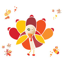 Happy thanks giving day! A colorful cartoon for kids, babies prints. Funny cute abstract stylized turkey, pumpkins and autumn leaves. Geometric shapes, orange colors