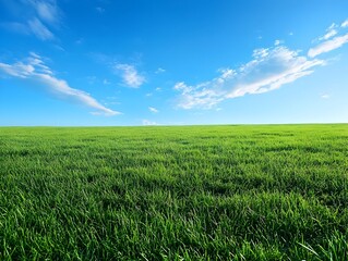 Vast Lush Green Meadow Under Bright Blue Sky with Fluffy Clouds