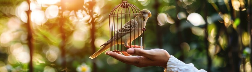 A small bird is held in a cage in a hand with a green and blurred background.