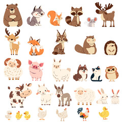 Large set of flat vector illustrations in children's style. Wild animals of summer and farm pets . Vector illustration © Alena