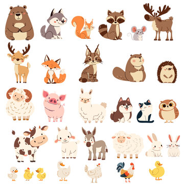 Large set of flat vector illustrations in children's style. Wild animals of summer and farm pets . Vector illustration