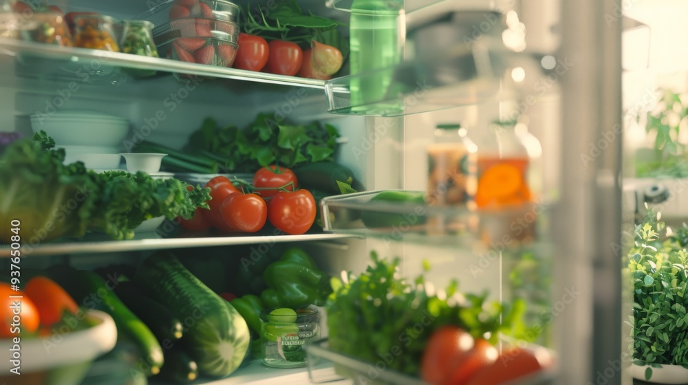 Canvas Prints A refrigerator full of fresh vegetables, displaying vibrant tomatoes, lettuce, cucumbers, and green onions under warm, inviting light.