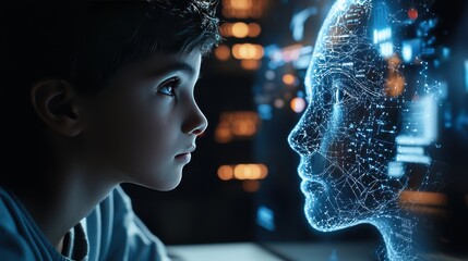 Obraz premium A close-up of an AI-powered tutor assisting a student with complex problem-solving, featuring real-time explanations and visual aids on a holographic display