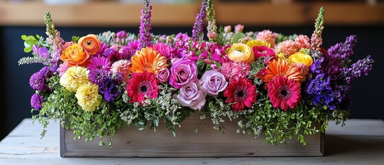 Vibrant Flower Arrangement in a Wooden Box